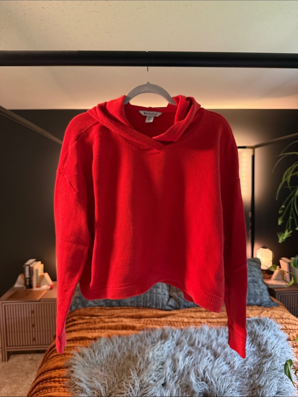 Athleta cropped Red Hooded Waffle-Knit Pullover